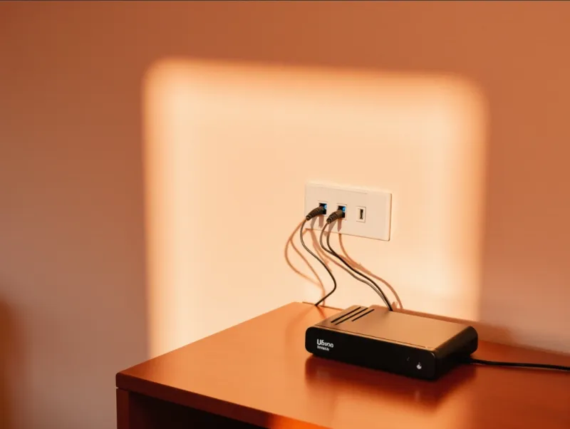 Arrivée d’une connexion fibre professionnelle en France avec point de terminaison optique mural et routeur installés proprement par un opérateur télécom indépendant.