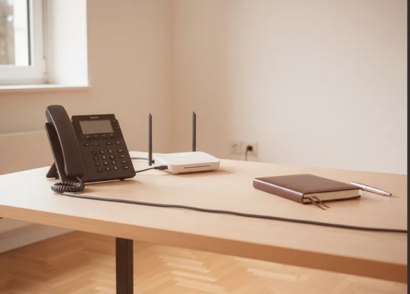Articulation entre fibre optique professionnelle et téléphonie d’entreprise sur IP avec téléphone et routeur dans un bureau d’entreprise en France.