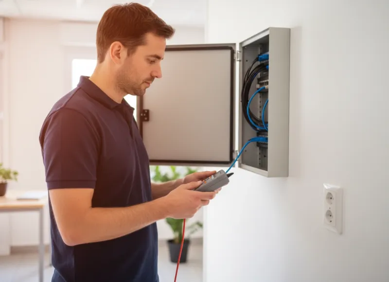 Technicien en intervention de maintenance informatique sur site dans une entreprise du Var avec testeur de câblage et baie réseau professionnelle