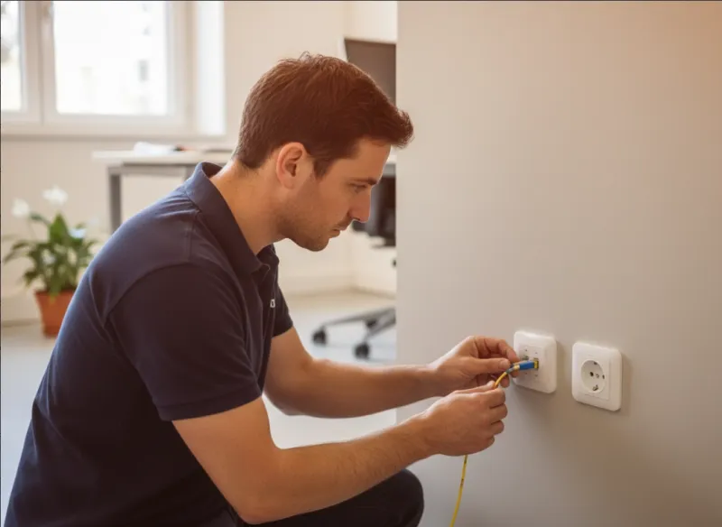Raccordement d’une fibre optique professionnelle dans une entreprise à Nice avec point de terminaison optique mural posé par un technicien ASAP Network