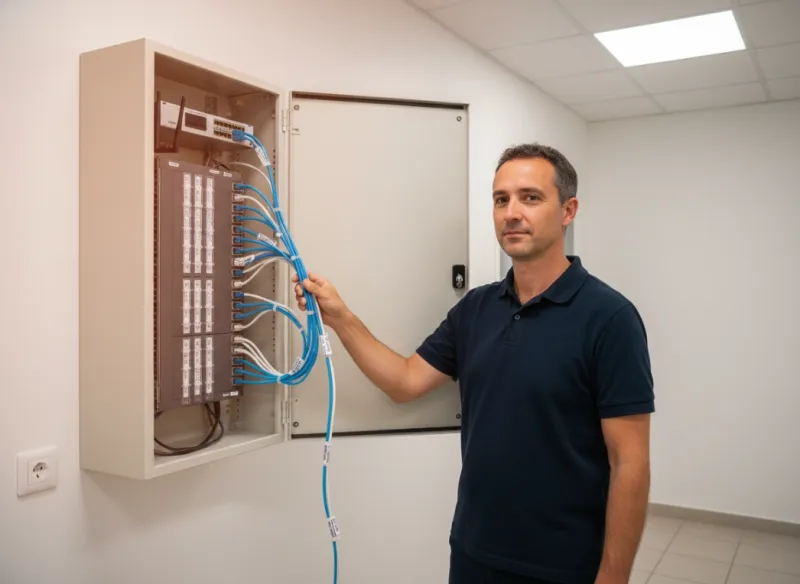 petite Baie informatique d’entreprise câblée proprement avec patch panel, switch et brassage