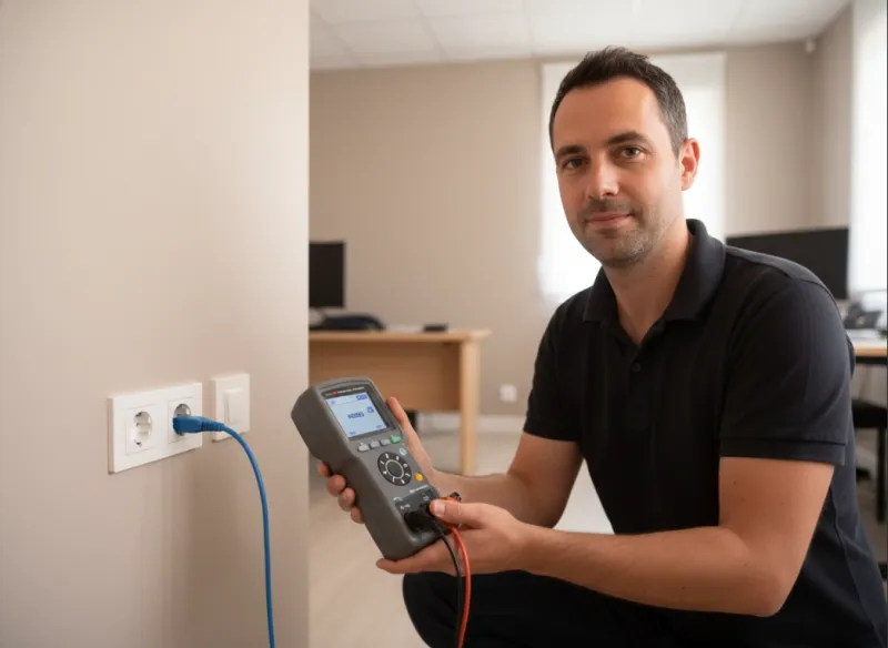 Test de liaison réseau sur prise RJ45 française avec appareil de certification professionnel lors d’une installation de câblage VDI à Toulon